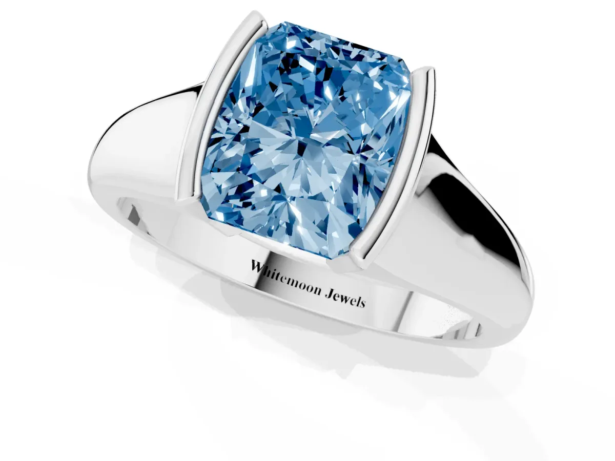 Fancy Blue Radiant Cut Solitaire Tension Set Diamond Ring with Split Shank Band Platinum