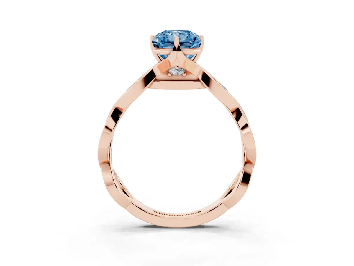 Fancy Blue Radiant Cut Solitaire Twist Band with Leaf Prong Setting Rose gold