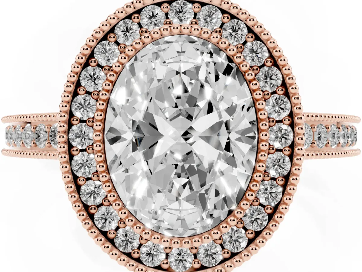 Oval Cut Cut Halo Diamond Ring with Pavé Band and Milgrain Prong Setting Rose gold