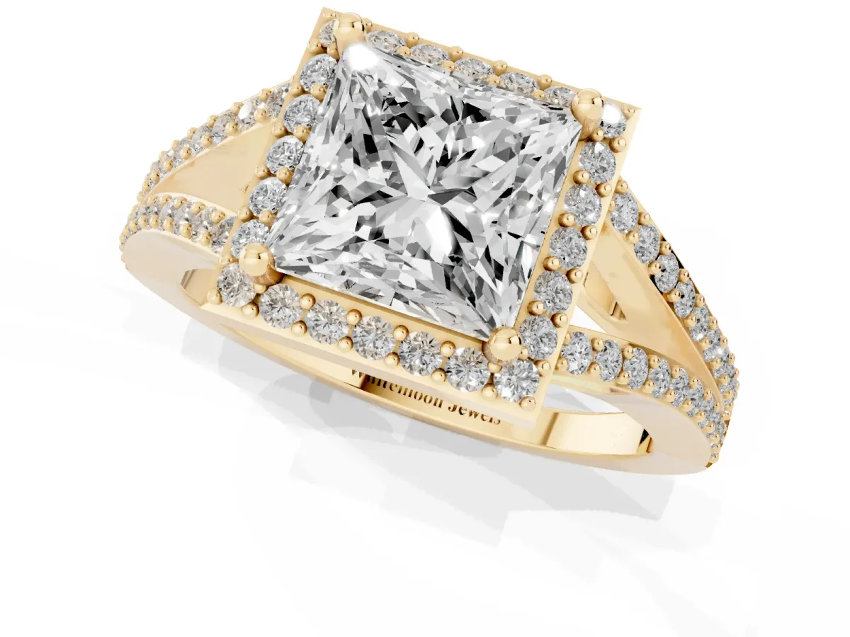 Princess Cut Halo Split Shank Diamond Ring with Prong Setting Yellow gold