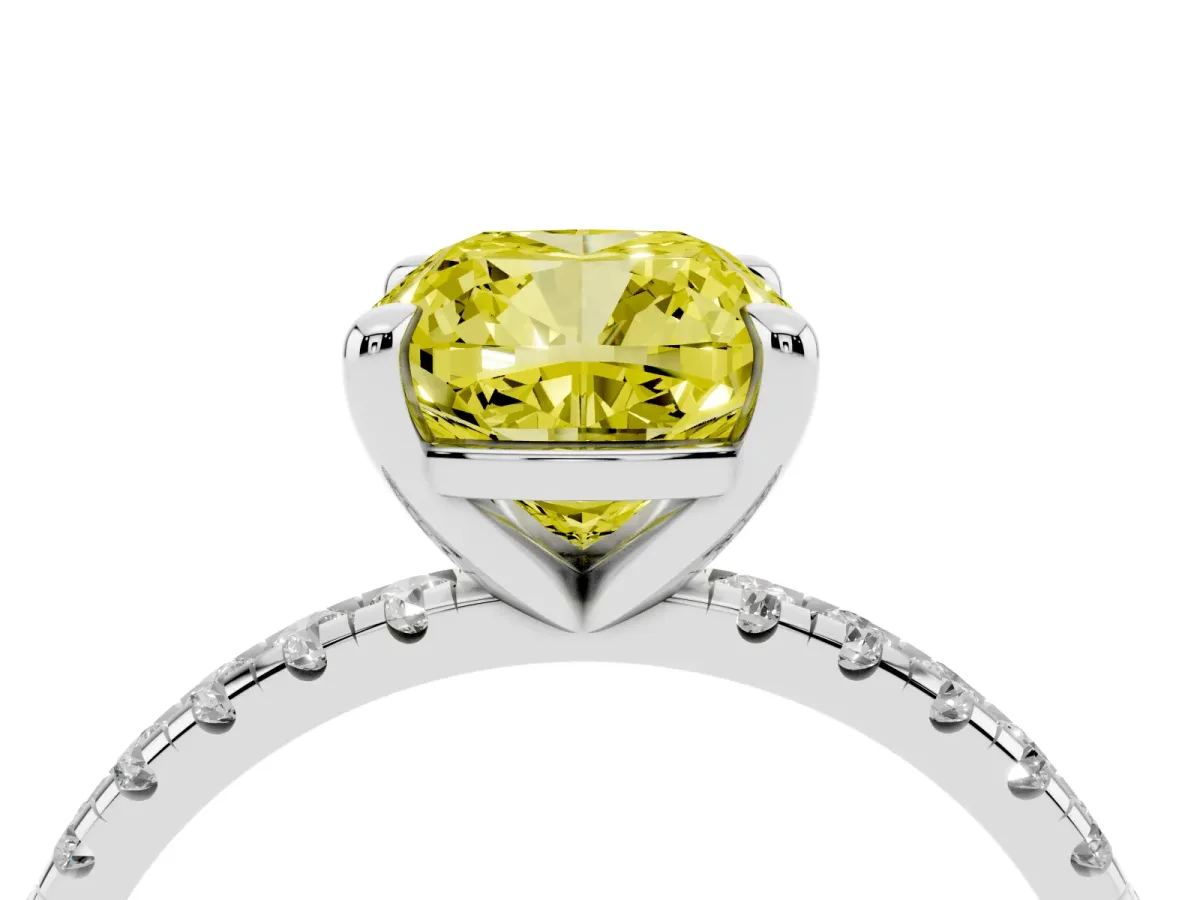 Fancy Yellow Cushion Cut Diamond Brilliant Solitaire Ring with Pavé Band and Four-Prong Setting Platinum