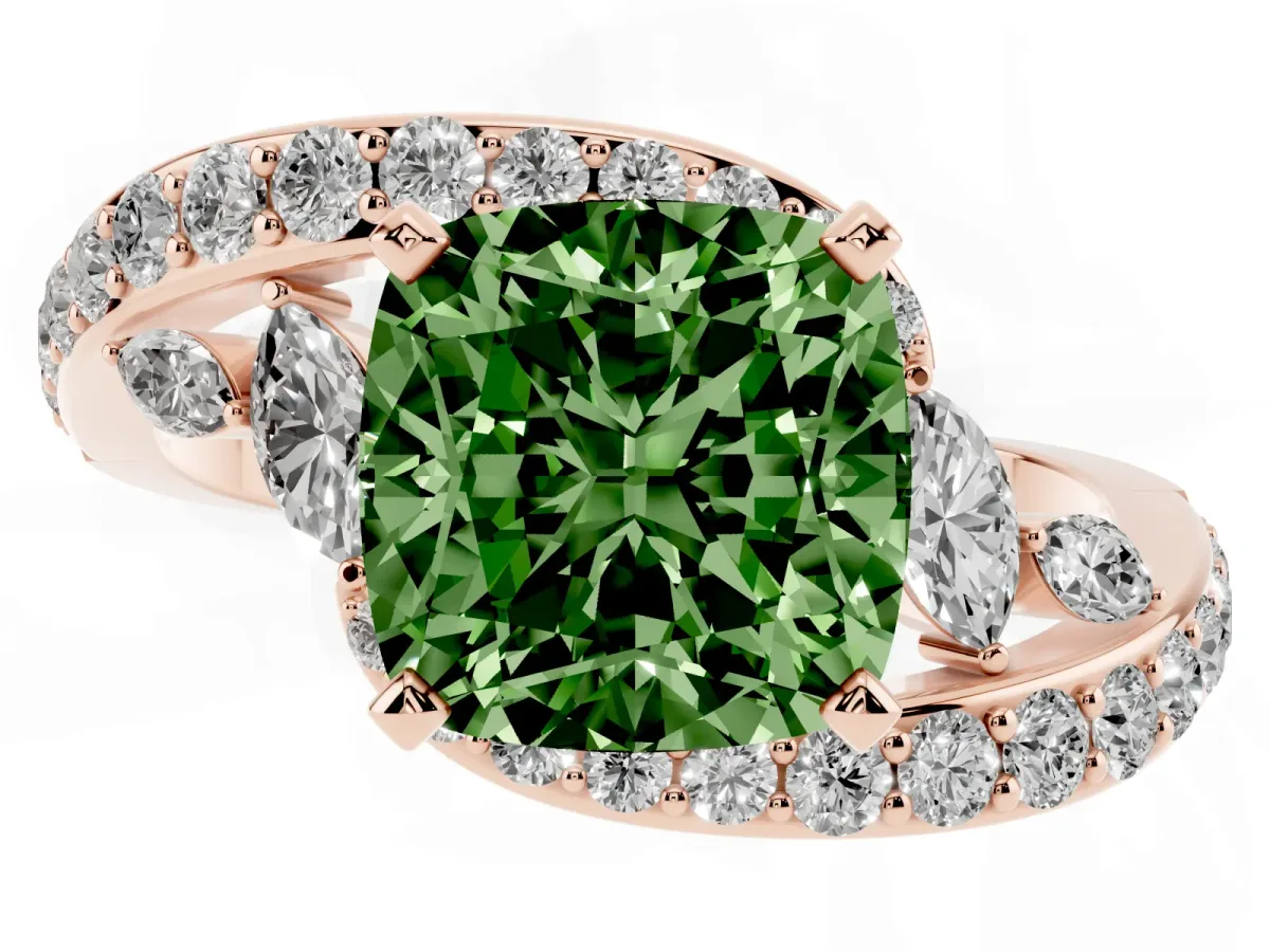 Fancy Green Cushion Cut Solitaire with Pavé Twist Band and Four-Prong Setting Rose gold