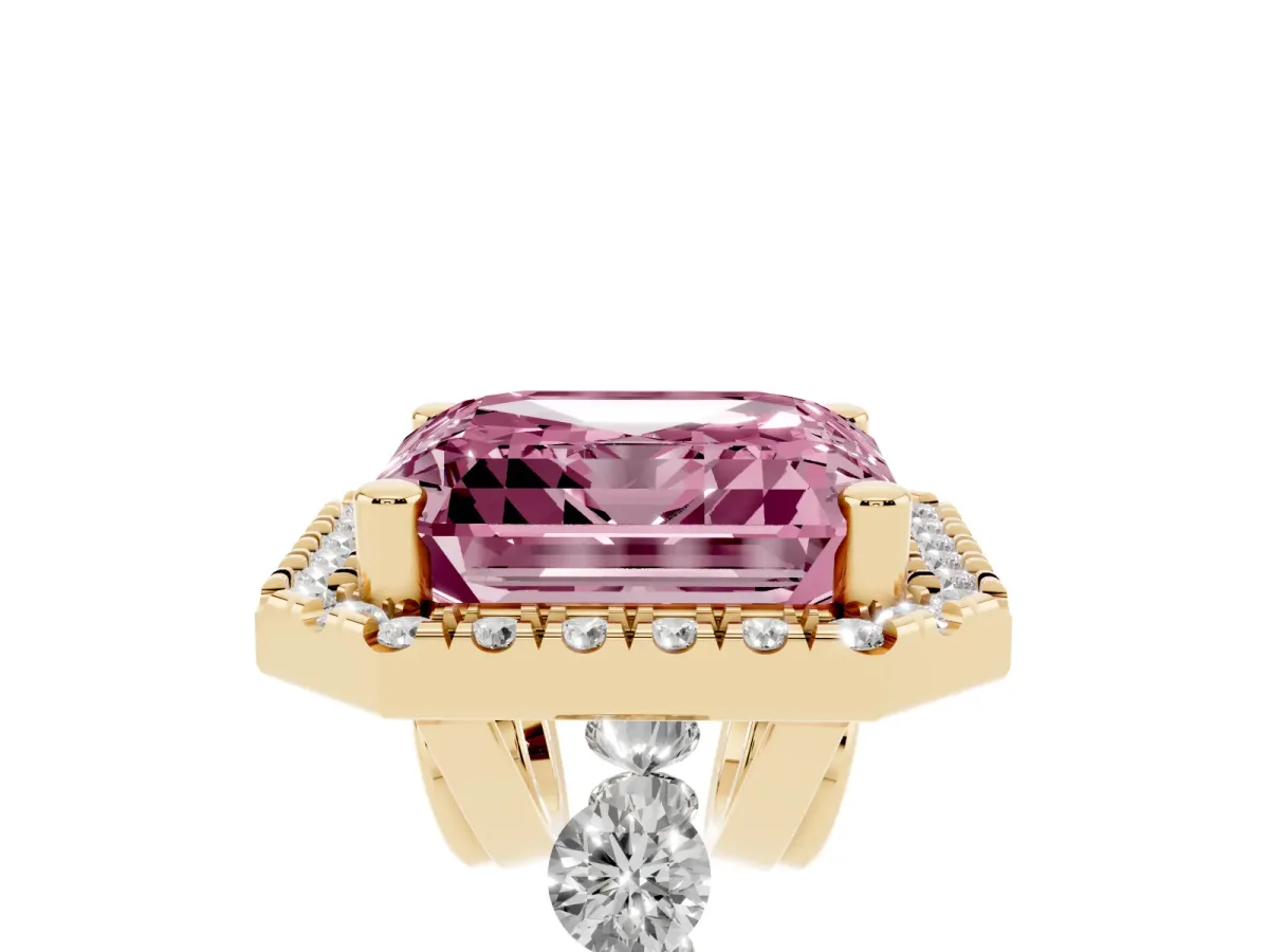 Fancy Pink Asscher Cut Halo Pavé Diamond Engagement Ring with Four-Prong Setting Yellow gold
