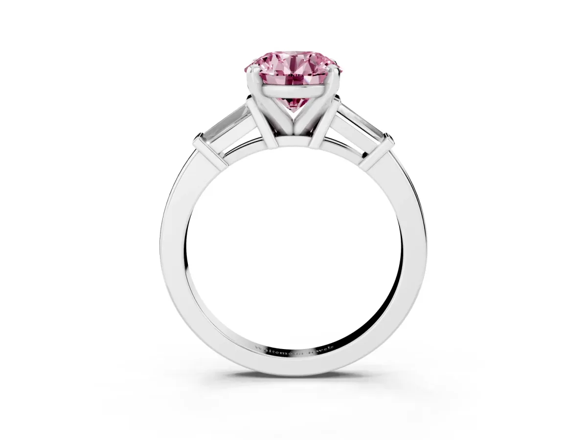 Fancy Pink Round Cut Cut Diamond Solitaire Ring with Tapered Baguette Accents and Four-Prong Setting Silver