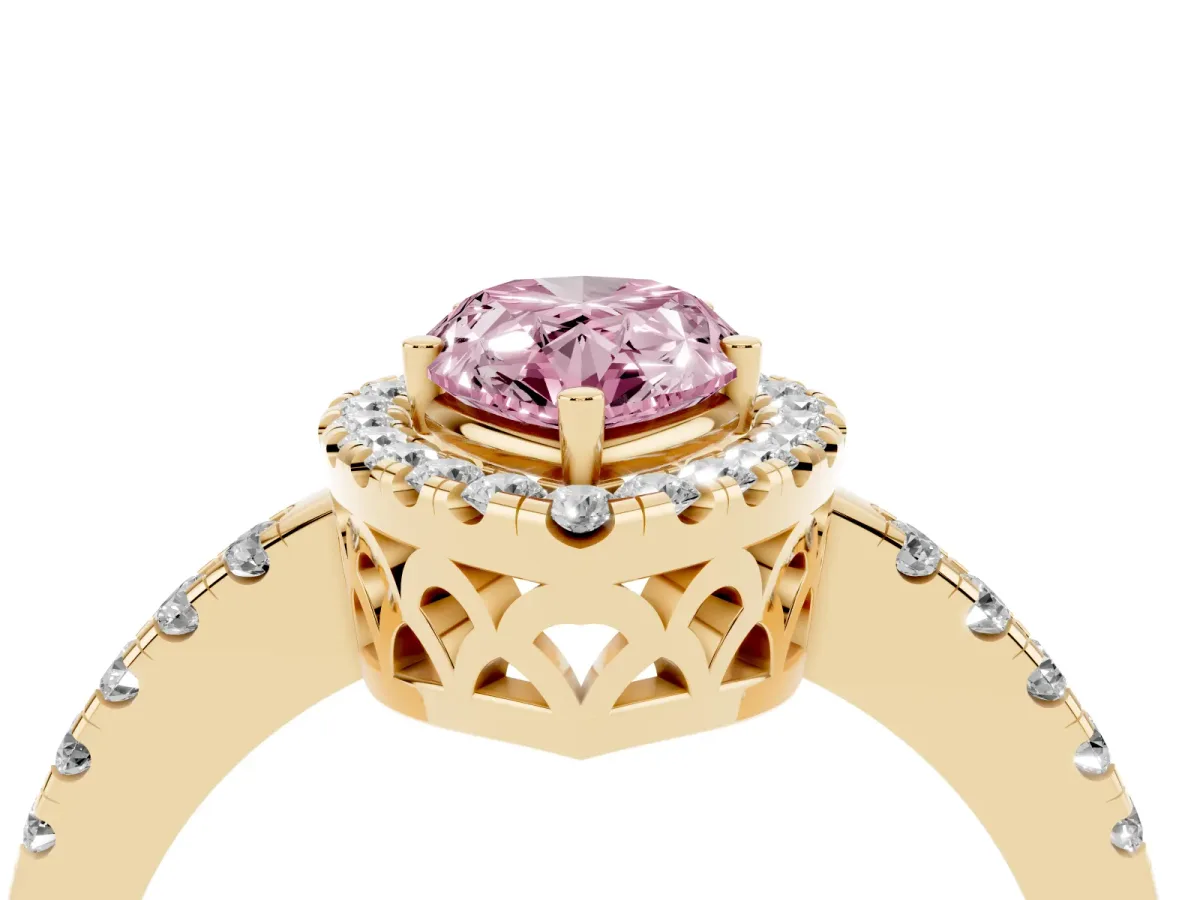 Fancy Pink Pear Cut Halo Diamond Engagement Ring with Pavé Band and Four-Prong Setting Yellow gold