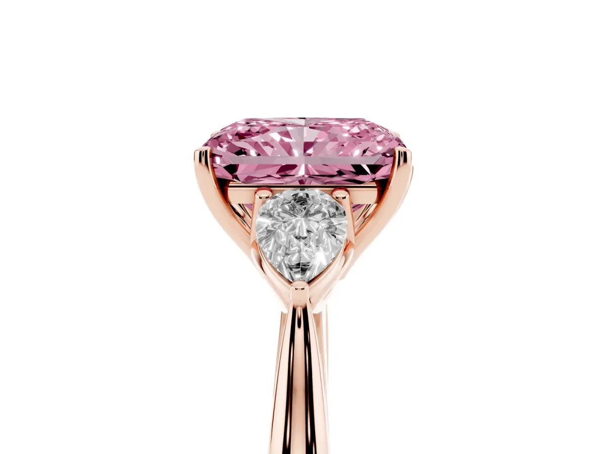 Fancy Pink Radiant Cut Diamond Three-Stone Ring with Pear Side Stones and Prong Setting Rose gold