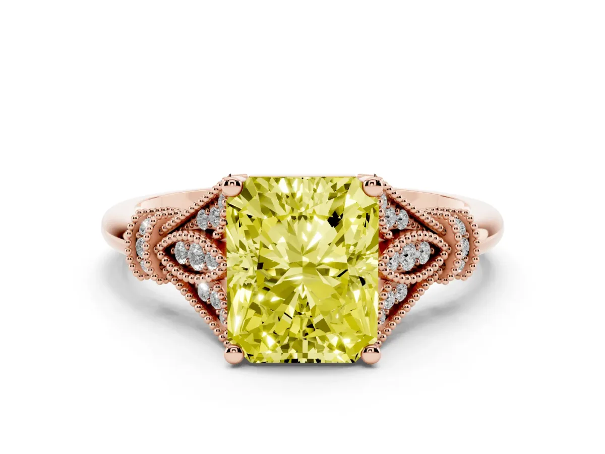 Fancy Yellow Radiant Cut Diamond Solitaire Ring with Floral Filigree and Pave Accents Rose gold