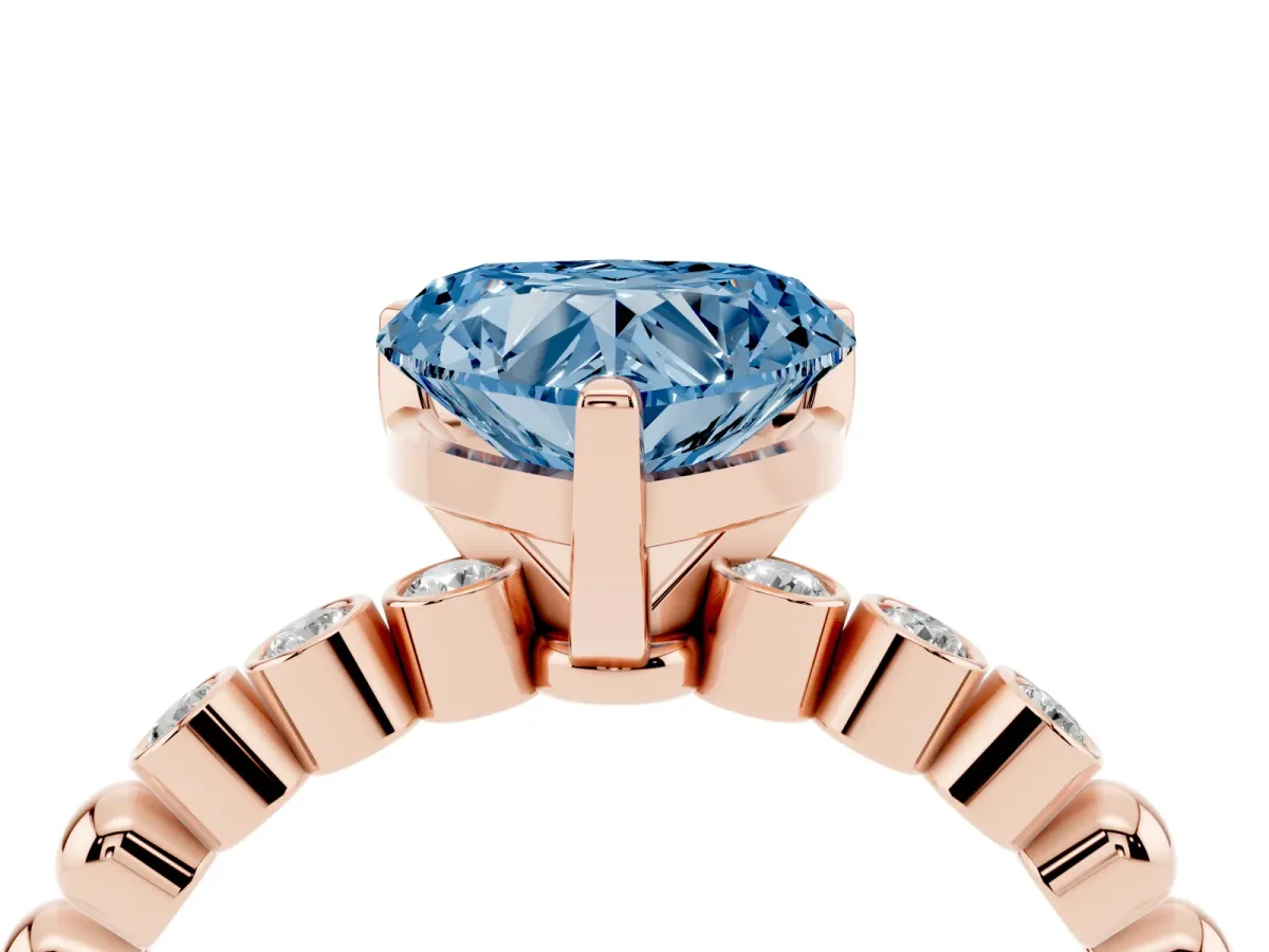 Fancy Blue Heart Cut Solitaire Bezel Accent Diamond Engagement Ring with Beaded Band and Four-Prong Setting Rose gold