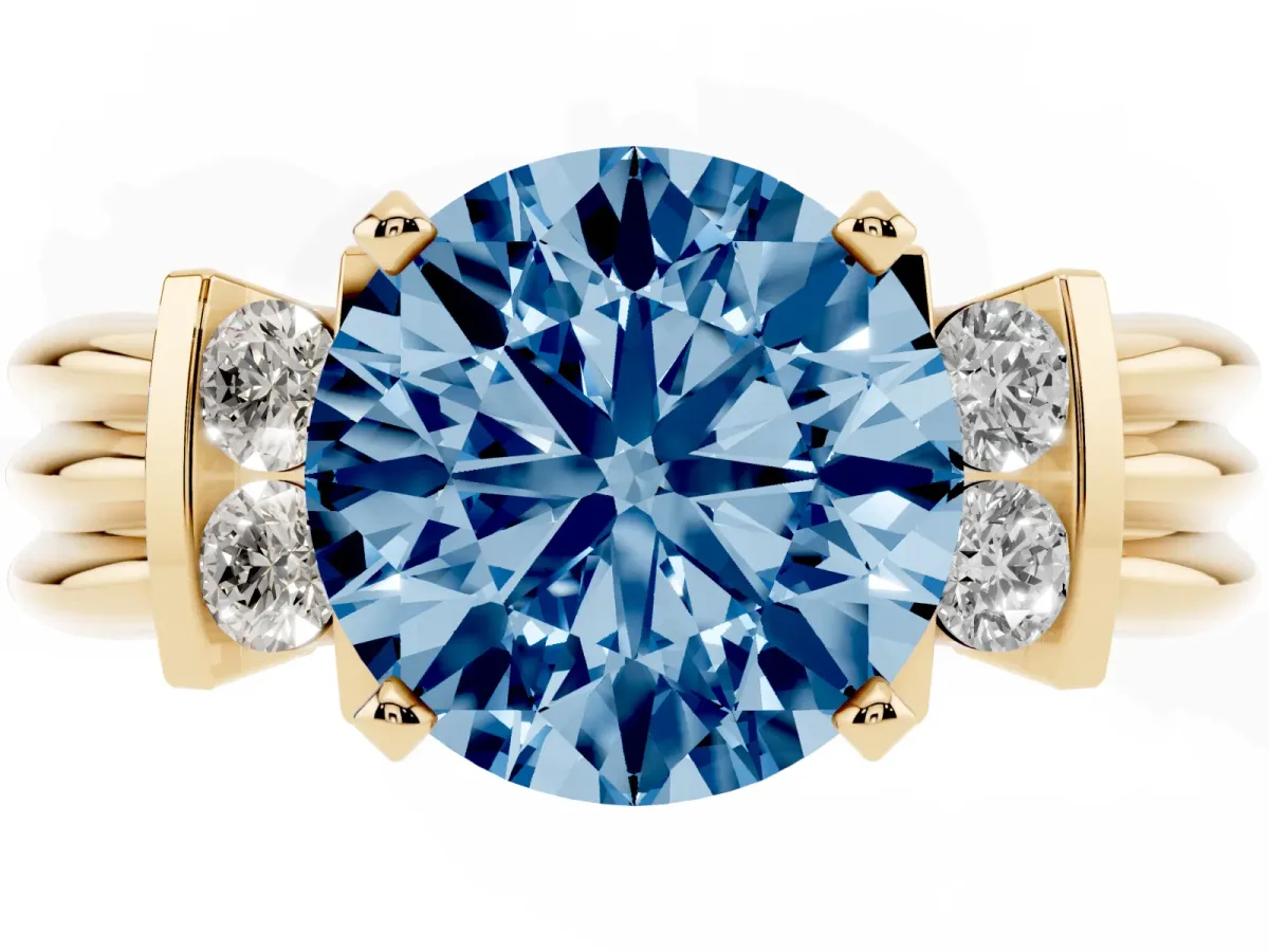 Fancy Blue Round Cut Cut Three-Stone Channel Set Ring with Bar Prongs Yellow gold