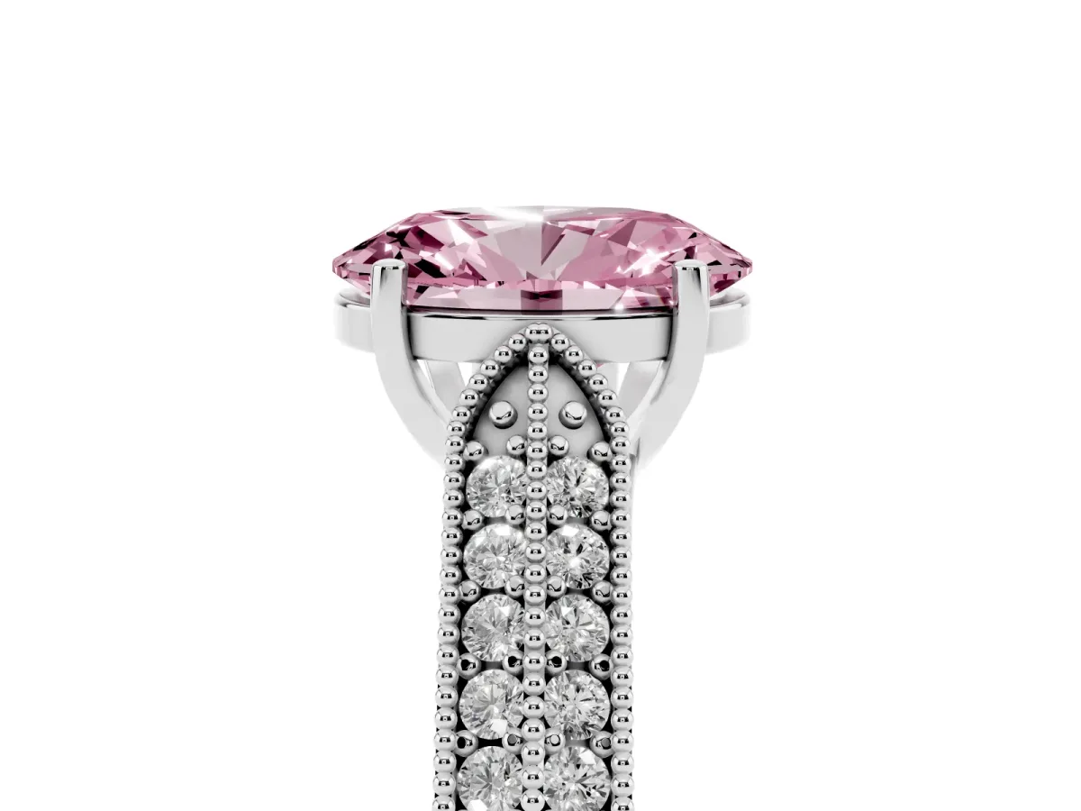 Fancy Pink Oval Cut Cut Pave Split Shank Engagement Ring with Four-Prong Setting White gold