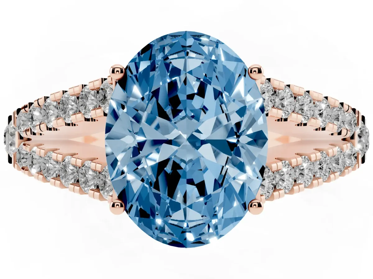 Fancy Blue Oval Cut Diamond Split Shank Engagement Ring with Round Pavé and Prong Setting Rose gold