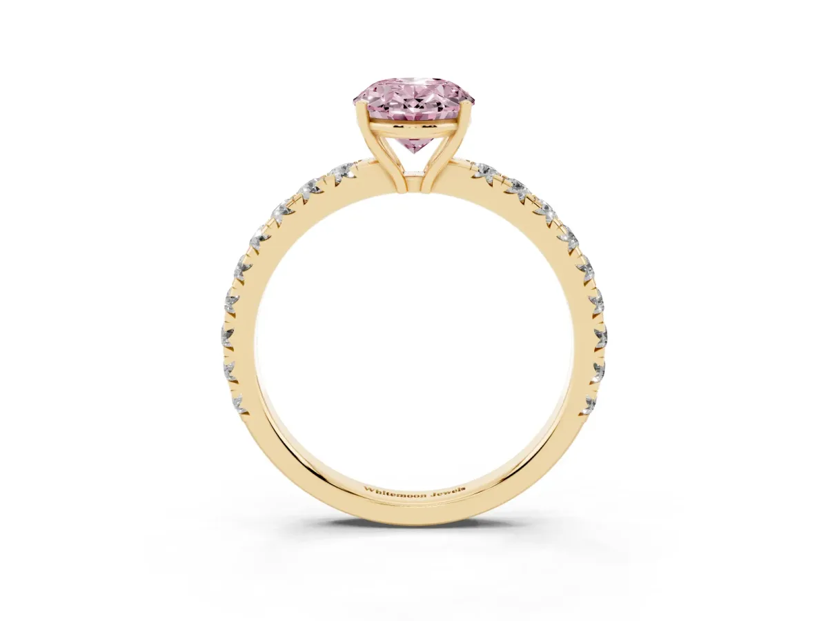 Fancy Pink Oval Cut Diamond Pavé Solitaire Engagement Ring with Four-Prong Setting Yellow gold
