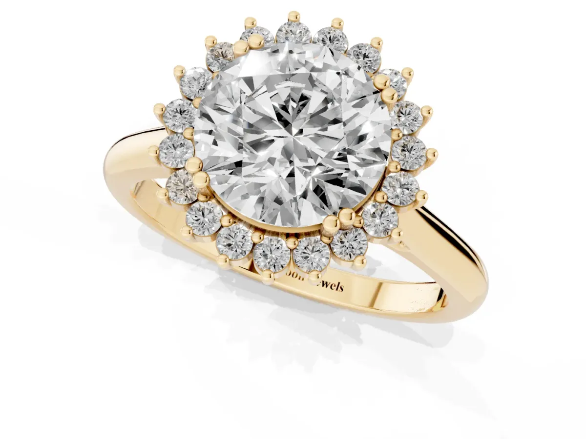Round Cut Cut Diamond Halo Ring with Solitaire Band and Prong Setting Yellow gold