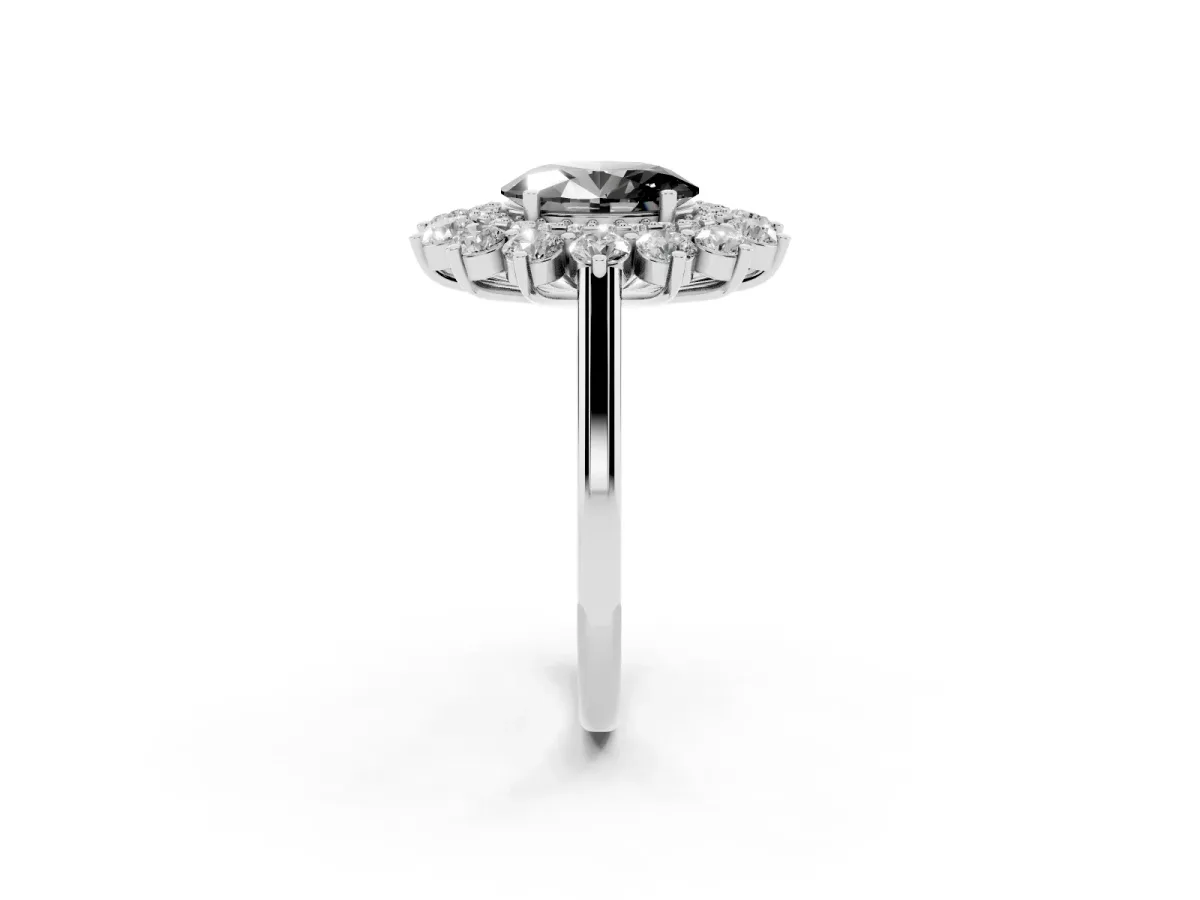 Fancy Black Oval Cut Diamond Floral Double Halo Engagement Ring with Prong Setting Platinum