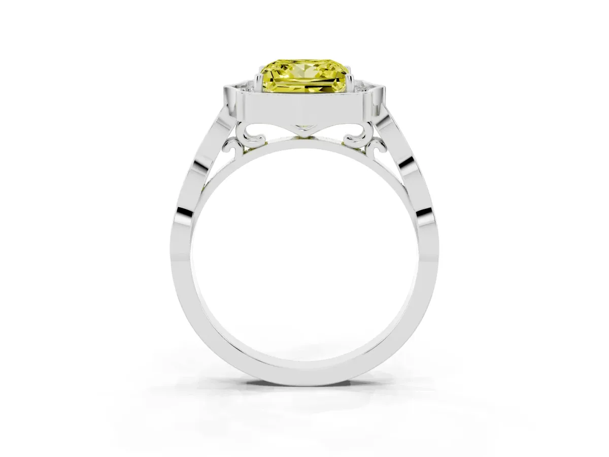 Fancy Yellow Princess Cut Halo Diamond Engagement Ring with Milgrain Band and Four-Prong Setting Silver