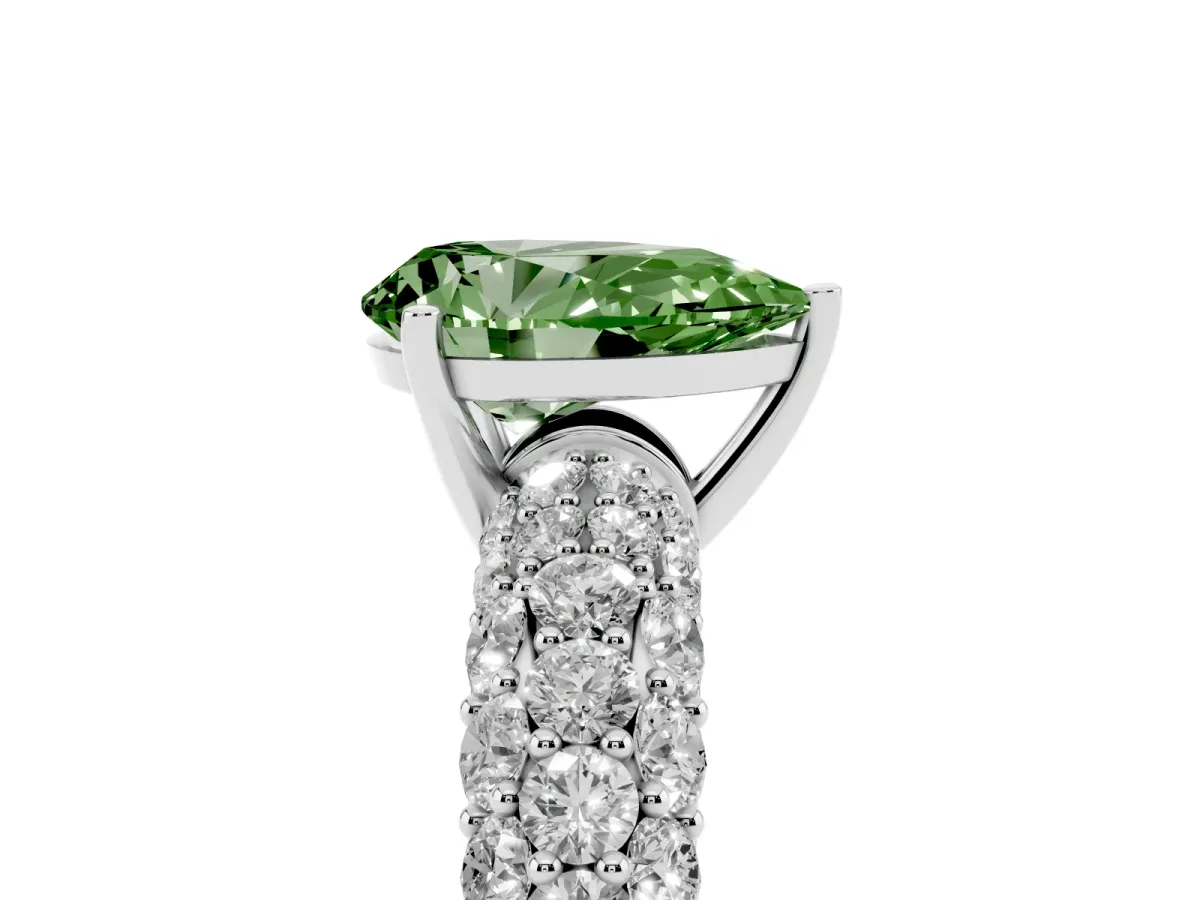 Fancy Green Pear Cut Diamond Pavé Band Solitaire Ring with Four-Prong Setting White gold