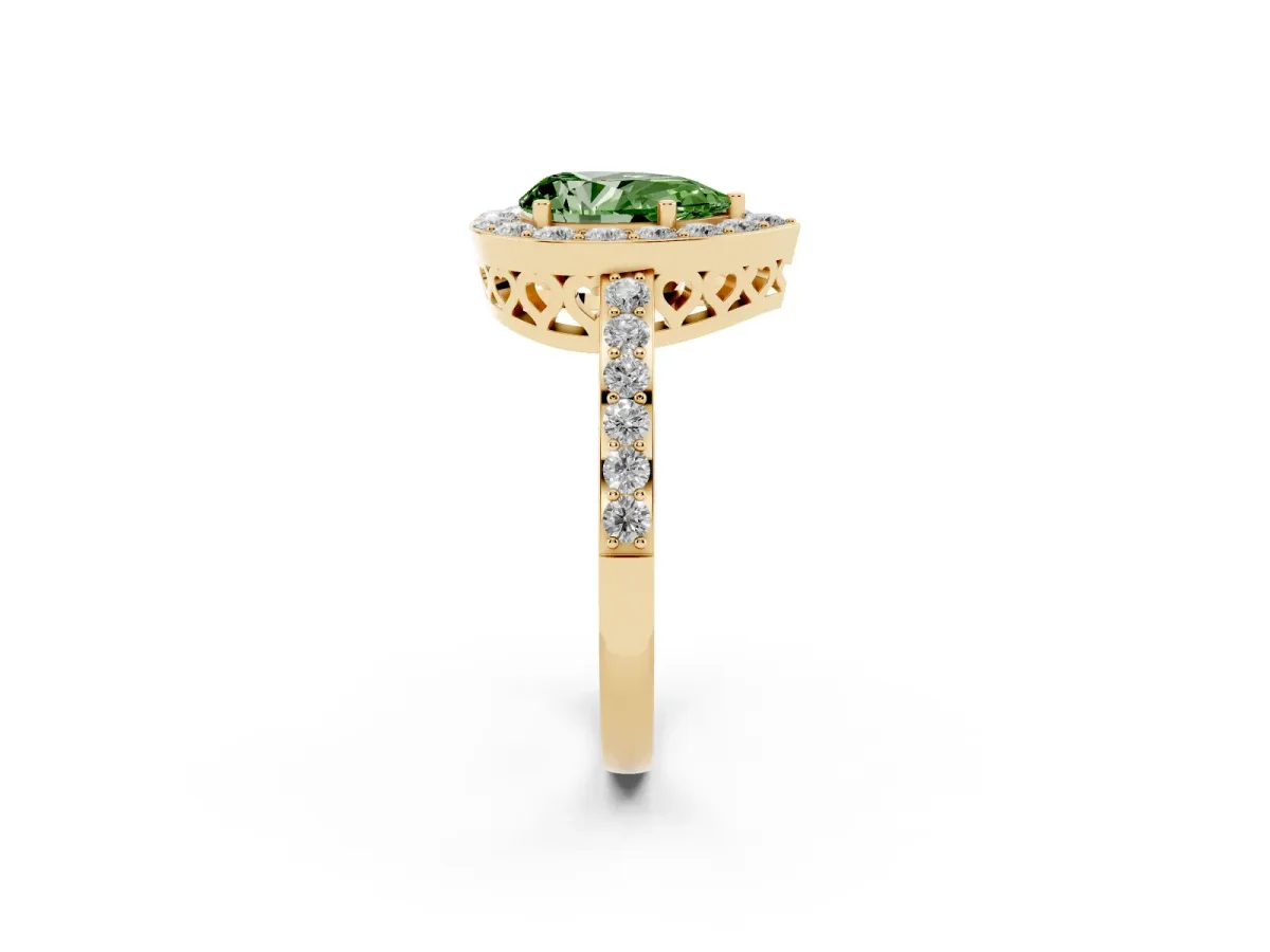 Fancy Green Pear Cut Halo Diamond Pavé Band Ring with Prong Setting Yellow gold