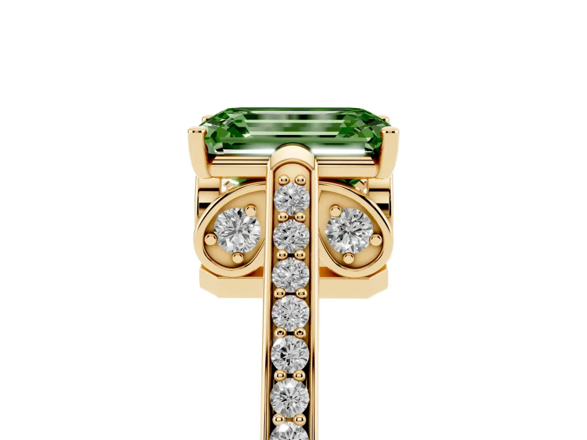 Fancy Green Emerald Cut Cut Cathedral Pave Diamond Engagement Ring with Six-Prong Setting Yellow gold