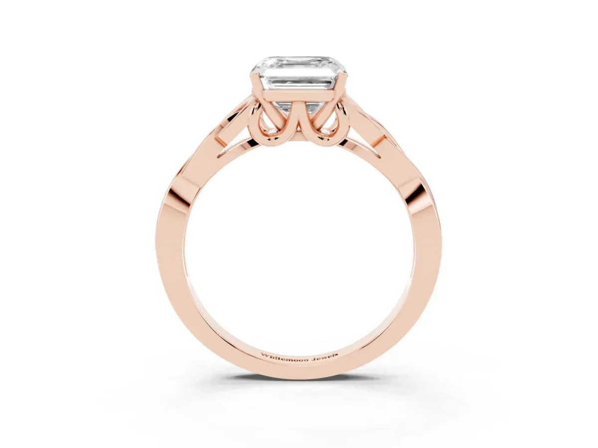 Asscher Cut Diamond Solitaire Engagement Ring with Celtic Knot Band and Four-Prong Setting Rose gold