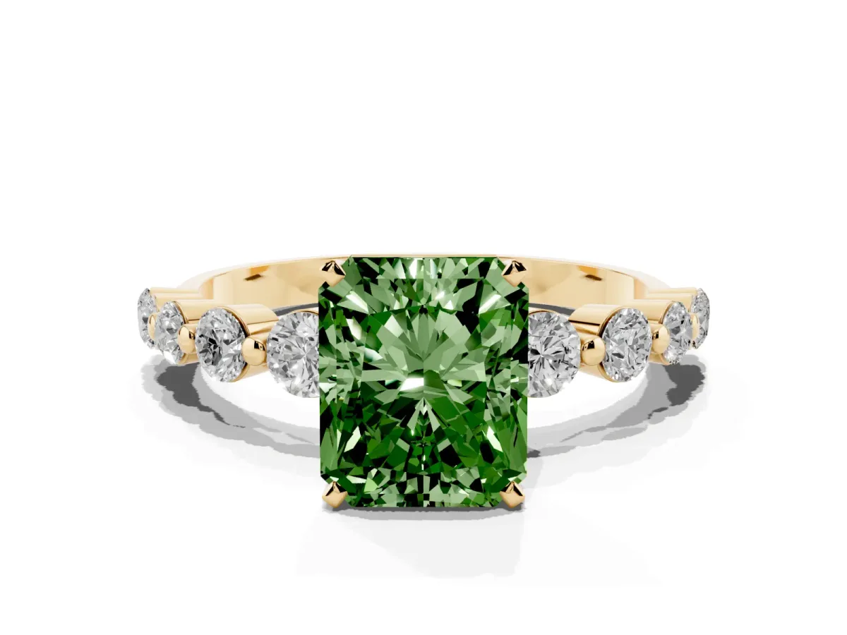 Fancy Green Radiant Cut Solitaire Diamond Ring with Pave Band and Four-Prong Setting Yellow gold