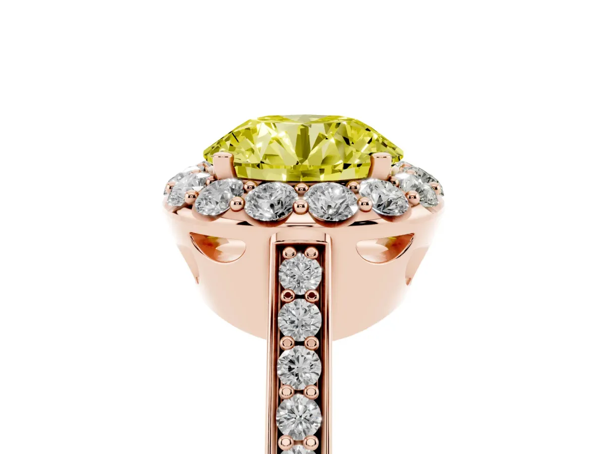 Fancy Yellow Round Cut Diamond Floral Halo Ring with Pavé Band and Prong Setting Rose gold