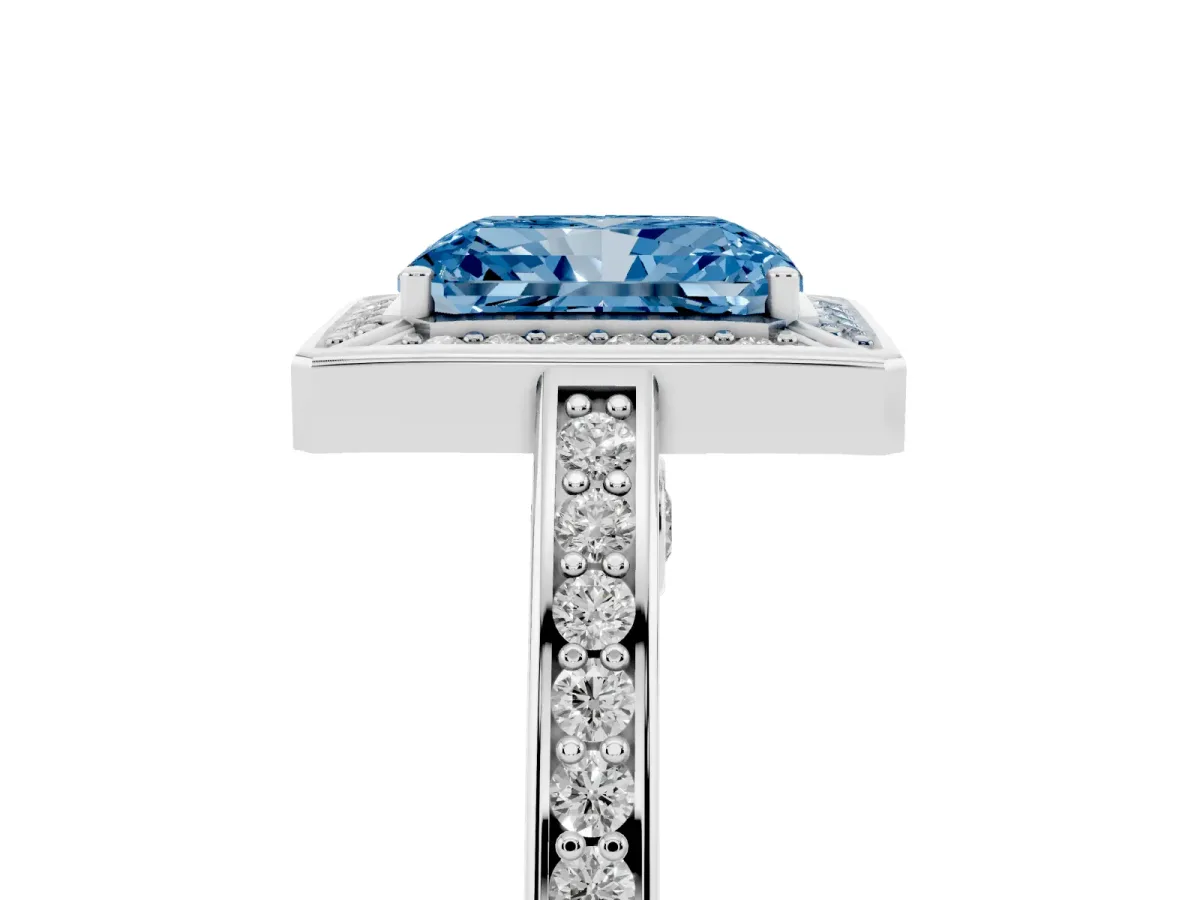 Fancy Blue Radiant Cut Cut Halo Pave Split Shank Prong Setting Ring White gold
