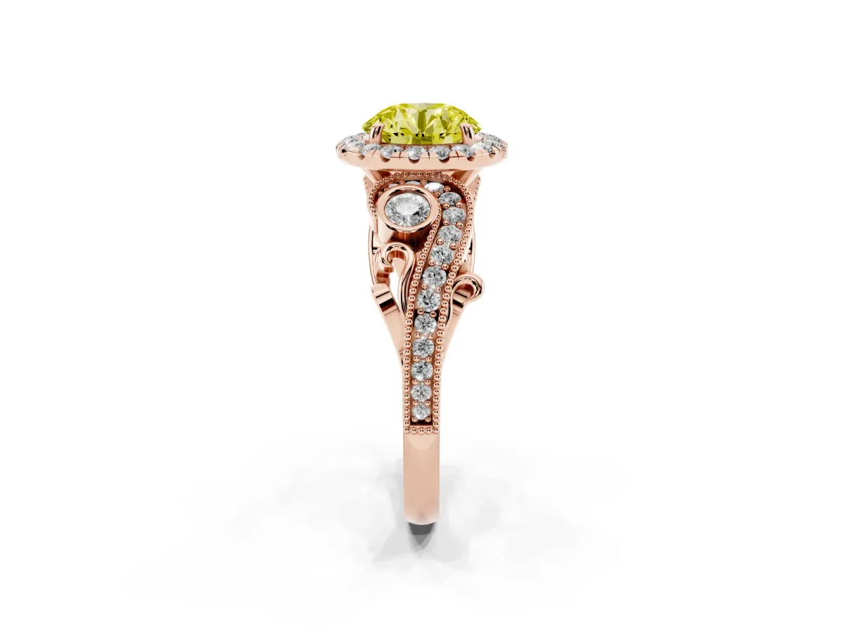 Fancy Yellow Round Cut Diamond Halo Ring with Milgrain Pavé Band and Four-Prong Setting Rose gold