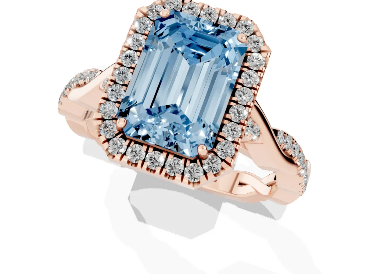 Fancy Blue Emerald Cut Halo Twist Band Solitaire Ring Rose gold