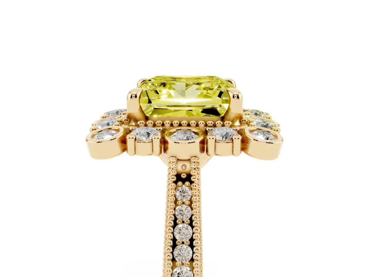 Fancy Yellow Princess Cut Halo Milgrain Pave Diamond Ring with Four-Prong Setting Yellow gold