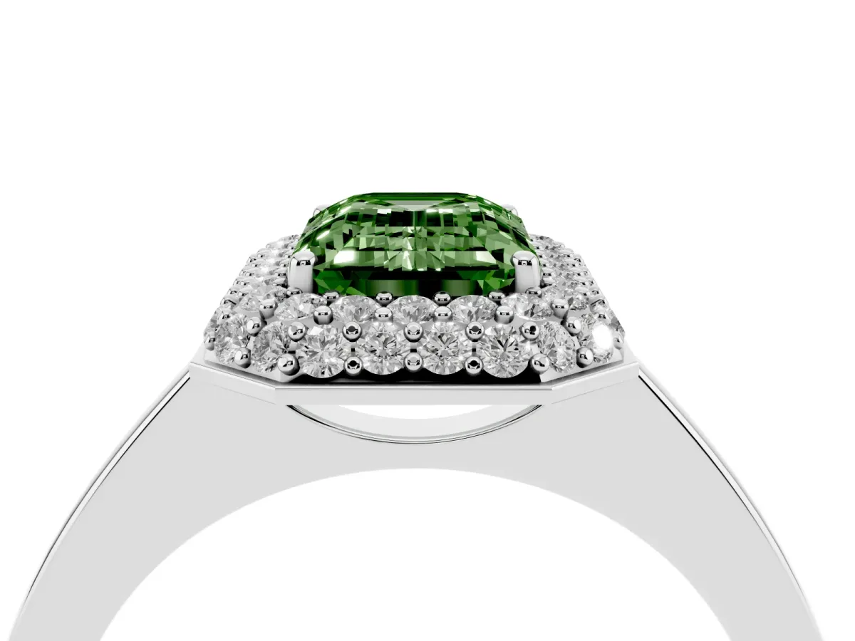 Fancy Green Emerald Cut Halo Diamond Engagement Ring with Solitaire Band and Four-Prong Setting Silver