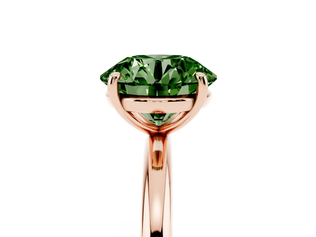 Fancy Green Round Cut Solitaire Diamond Ring with Four-Prong Setting on a Plain Band Rose gold