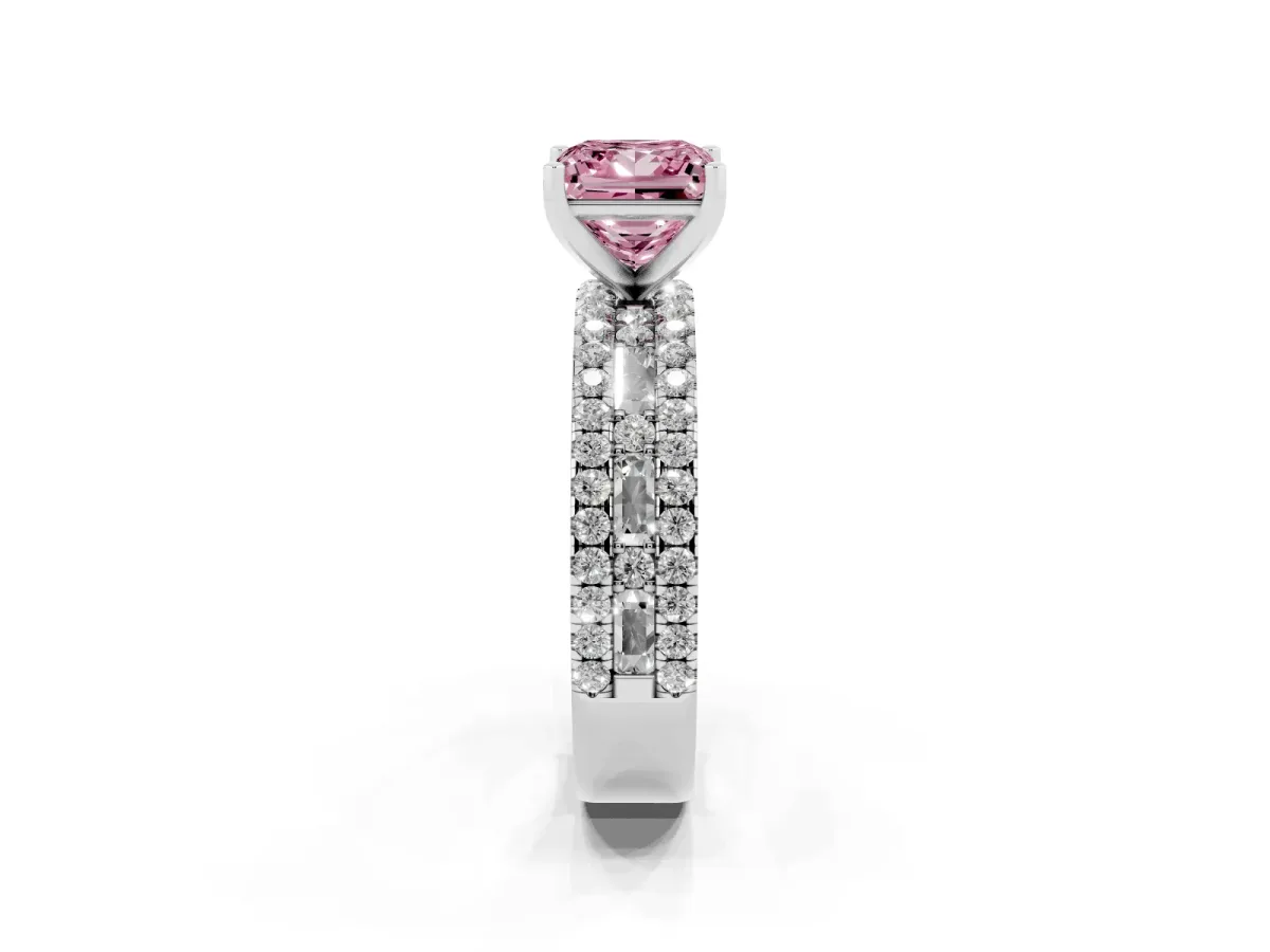 Fancy Pink Princess Cut Diamond Solitaire Ring with Pavé and Channel Set Band Platinum