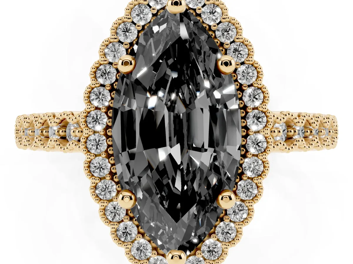 Fancy Black Marquise Cut Cut Halo Pavé Solitaire Ring with Milgrain Band Yellow gold