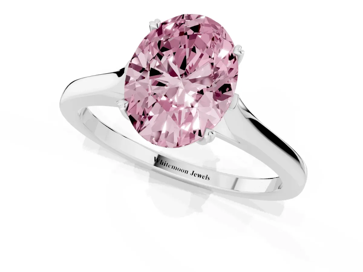 Fancy Pink Oval Cut Solitaire Heart Prong Engagement Ring with Tapered Band White gold