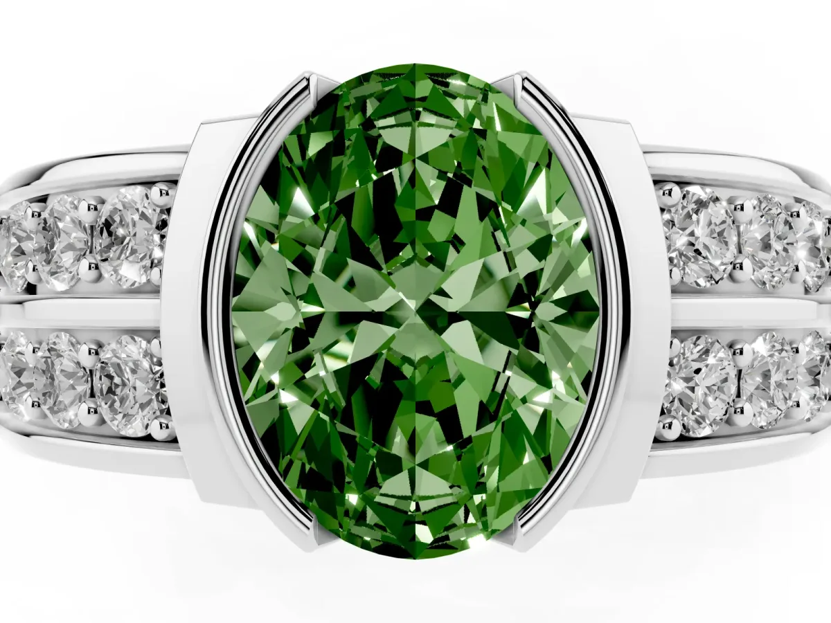 Fancy Green Oval Cut Brilliant Diamond Channel Set Wide Band Ring with Bezel Setting Platinum