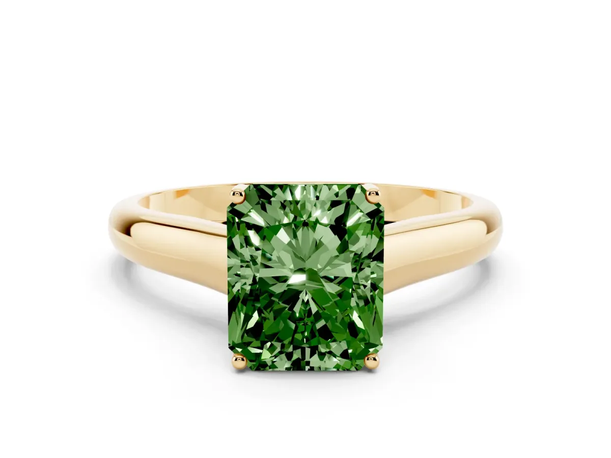 Fancy Green Radiant Cut Solitaire Engagement Ring with Tapered Band and Four-Prong Setting Yellow gold