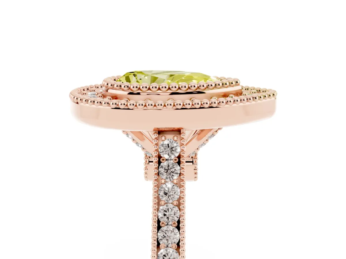 Fancy Yellow Pear Cut Diamond Halo Ring with Milgrain Frame and Pavé Band Rose gold
