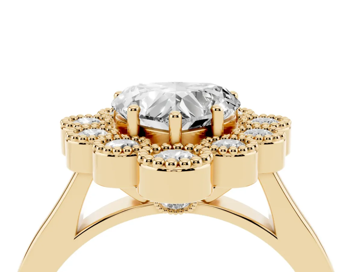 Heart Cut Halo Diamond Cluster Engagement Ring with Milgrain Bezel Setting and Solitaire Band Yellow gold