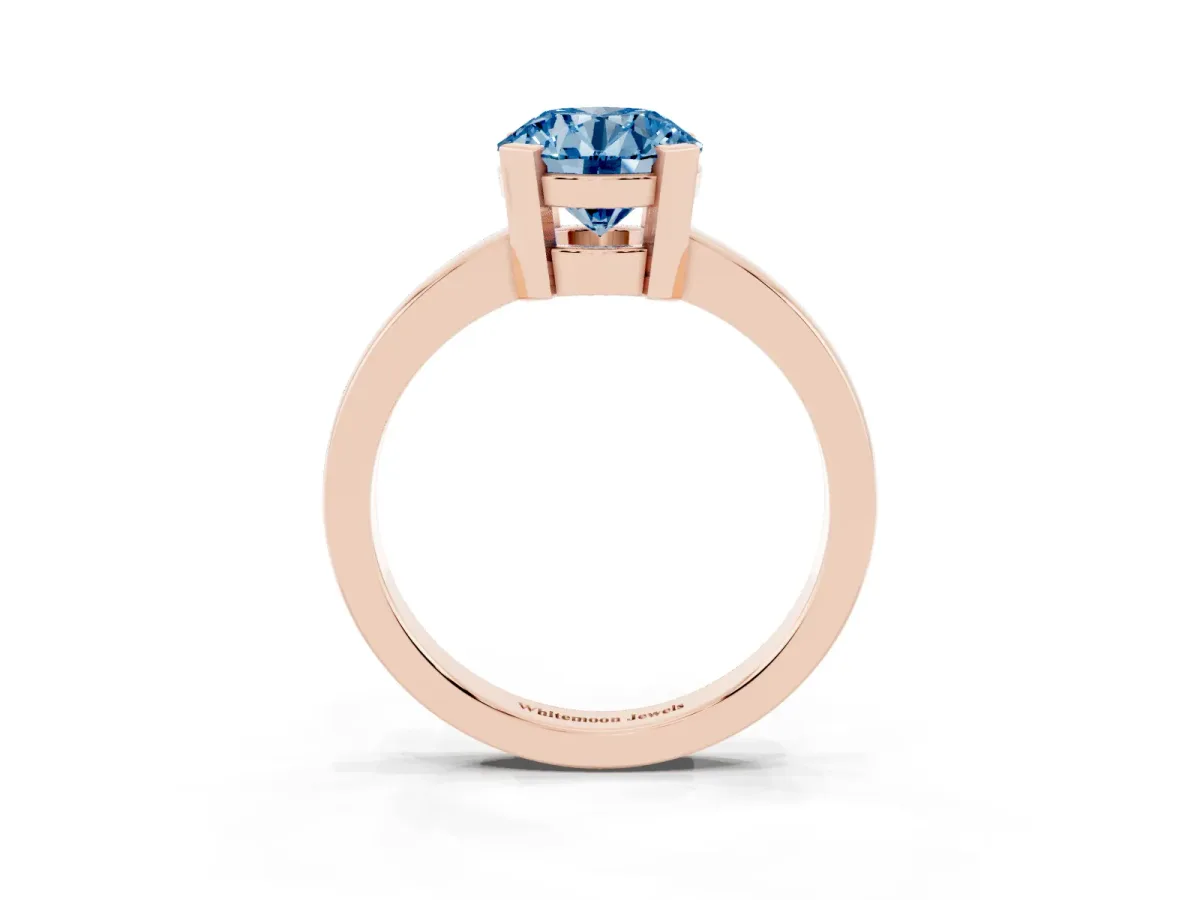 Fancy Blue Round Cut Cut Solitaire Ring with Four-Prong Setting and Classic Band Rose gold