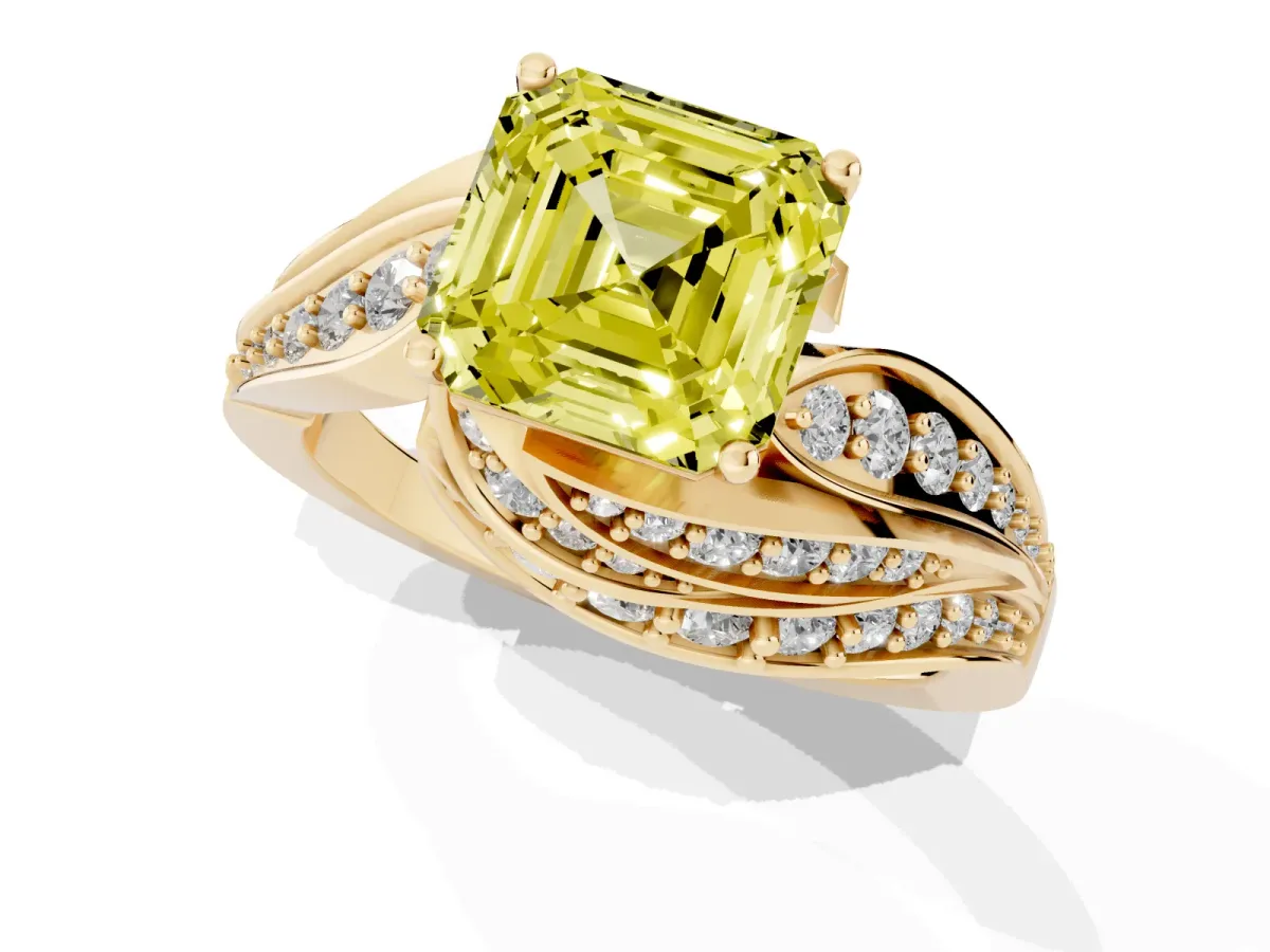 Fancy Yellow Asscher Cut Diamond Solitaire Ring with Prong Setting and Twisted Pavé Band Yellow gold