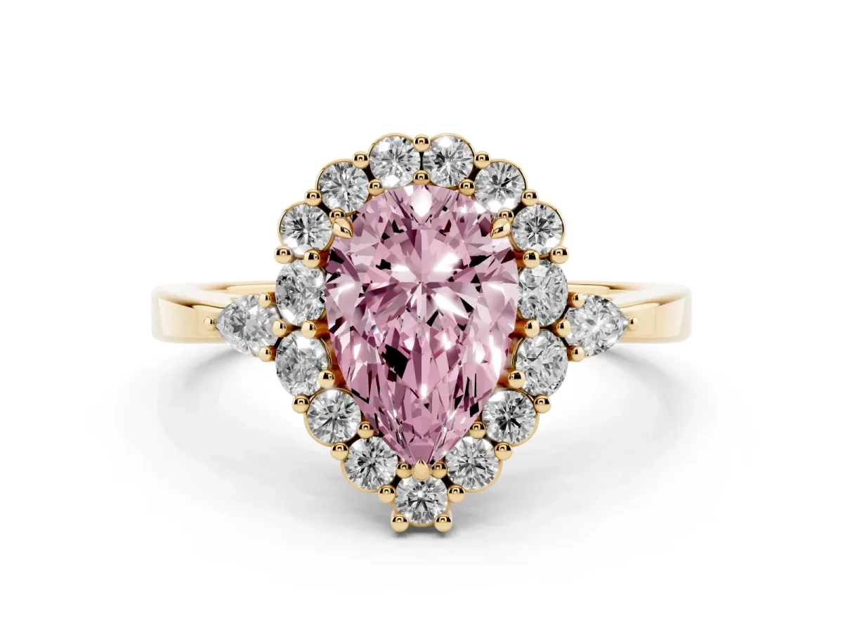 Fancy Pink Pear Cut Diamond Halo Ring with Pear Side Stones and Prong Setting Yellow gold
