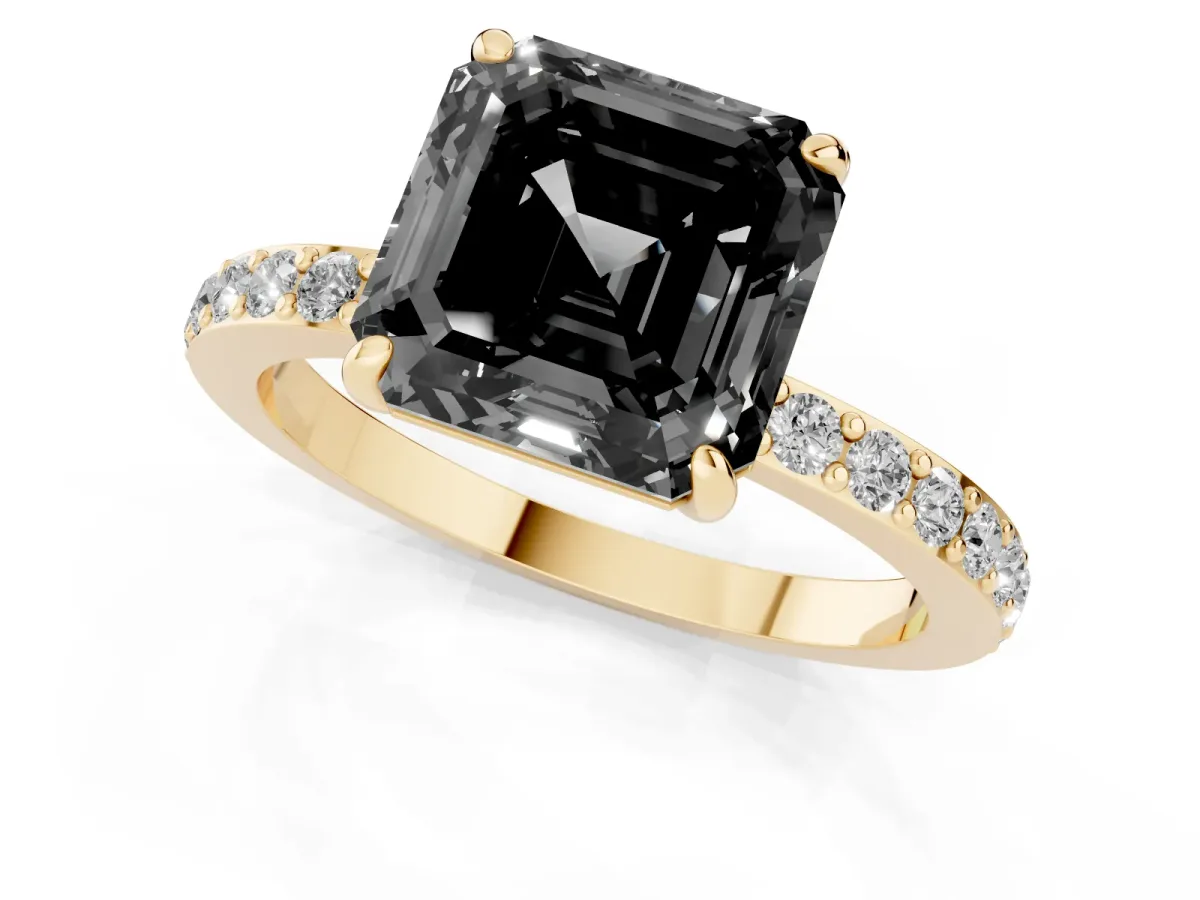 Fancy Black Asscher Cut Diamond Solitaire Engagement Ring with Pavé Band and Four-Prong Setting Yellow gold