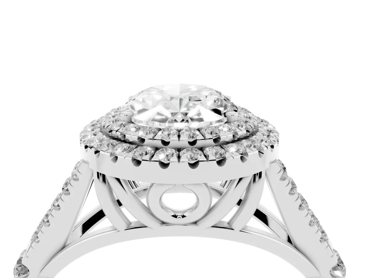 Oval Cut Diamond Pavé Split Shank Double Halo Engagement Ring Silver