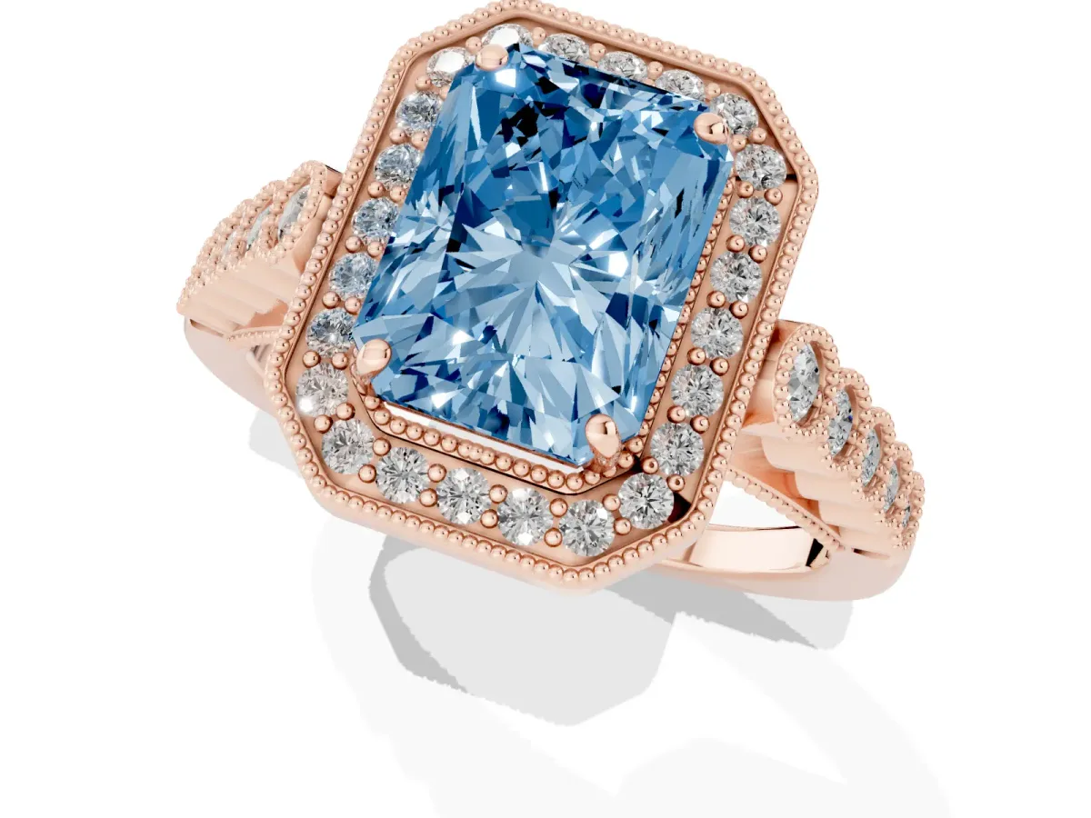 Fancy Blue Radiant Cut Halo Milgrain Solitaire with Bezel Set Side Stones and Pave Band Rose gold