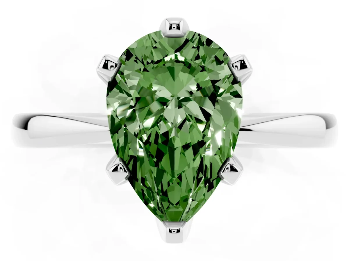 Fancy Green Pear Cut Solitaire Engagement Ring with Six-Prong Setting and Tapered Band Silver
