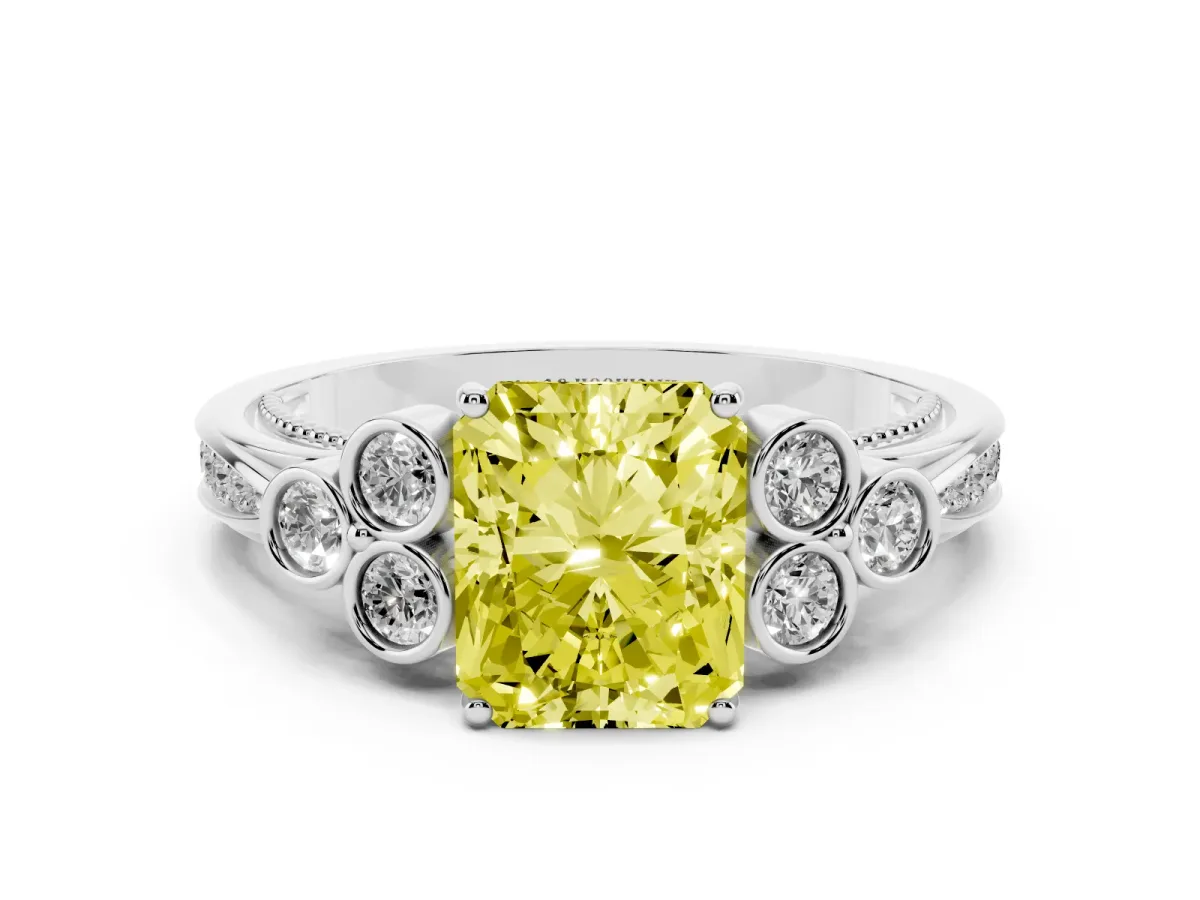 Fancy Yellow Radiant Cut Cut Diamond Engagement Ring with Bezel Set Round Side Stones and Prong Setting Platinum