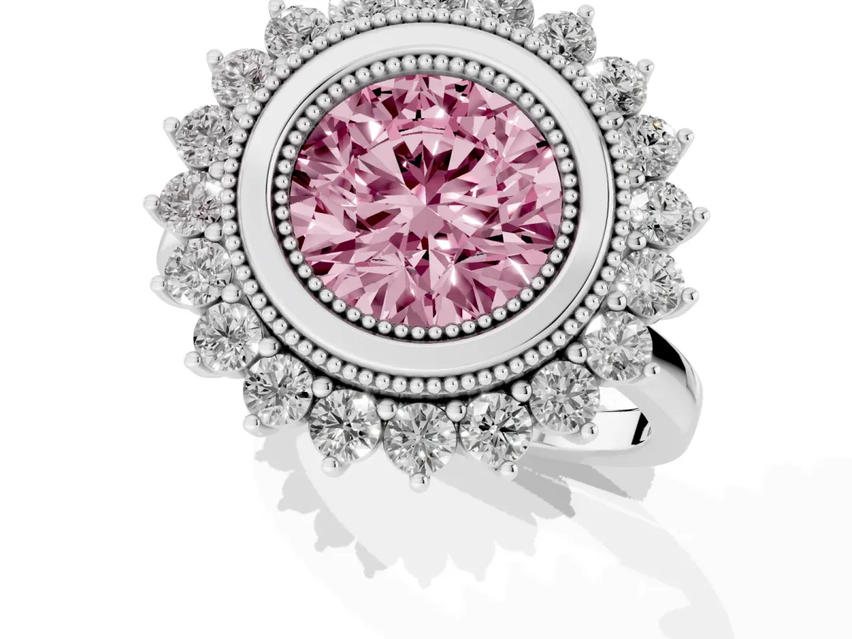 Fancy Pink Round Cut Halo Diamond Ring with Milgrain Edge and Round Prong Setting Silver