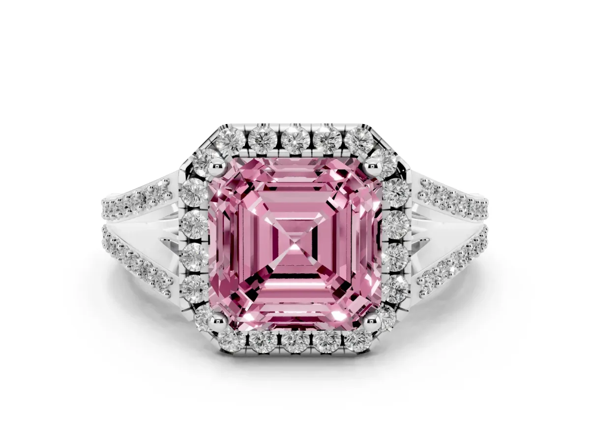 Fancy Pink Asscher Cut Halo Split Shank Diamond Ring with Prong Setting Silver