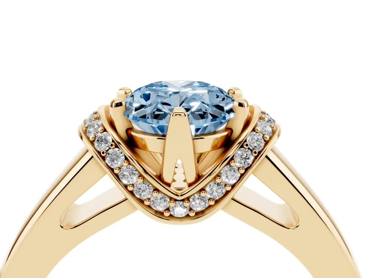 Fancy Blue Oval Cut Solitaire Diamond Ring with Pave Band and Six-Prong Setting Yellow gold
