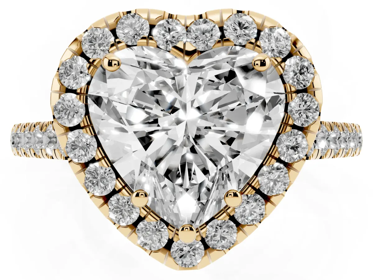 Heart Cut Halo Pavé Diamond Engagement Ring with Four-Prong Setting Yellow gold